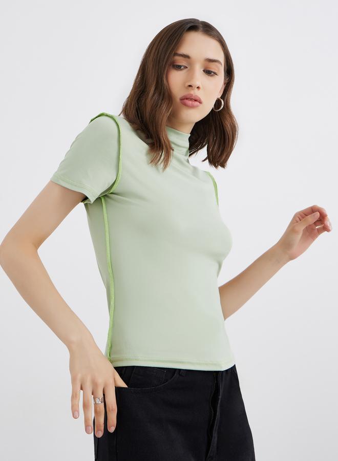 Take Two Solid High Neck Stitch Detail Regular Fit T-Shirt - Image 1