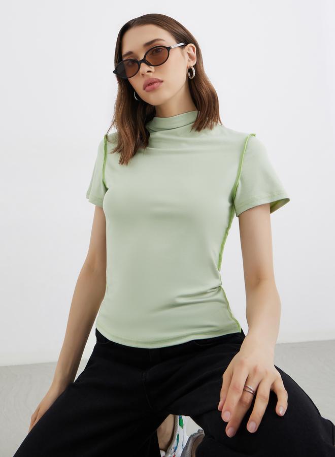 Take Two Solid High Neck Stitch Detail Regular Fit T-Shirt - Image 3