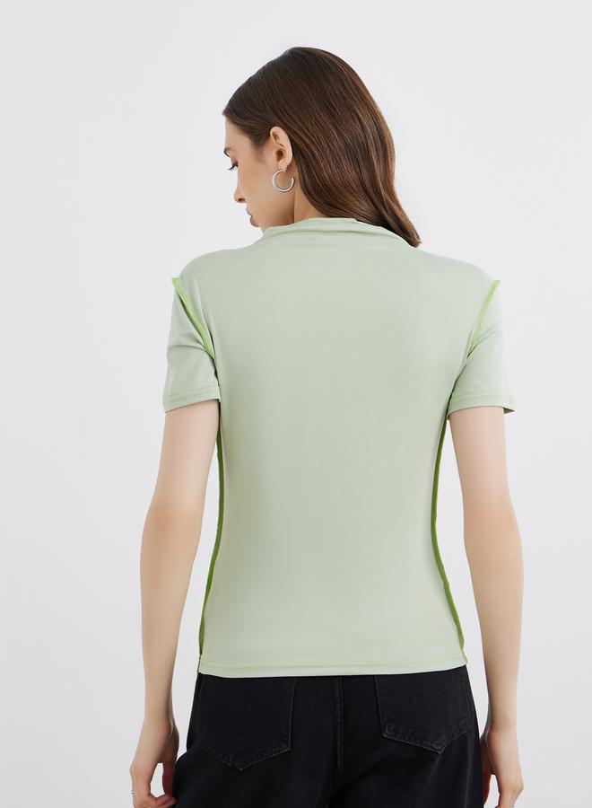 Take Two Solid High Neck Stitch Detail Regular Fit T-Shirt - Image 5