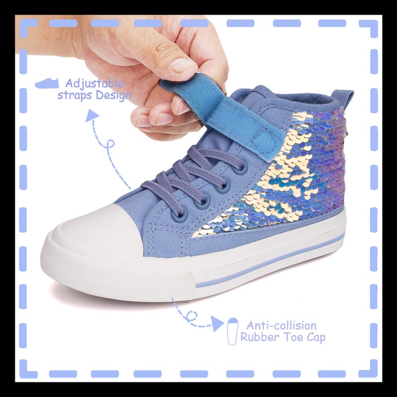 Toandon Girls Kids Canvas Shoes Sneakers for Toddler Boys Color Change Flipping Sequins Glitter Sparkle Slip On High Top Adjustable Hook Loop Straps Velcro Non-Slip Lightweight Blue Size 12 - Image 4