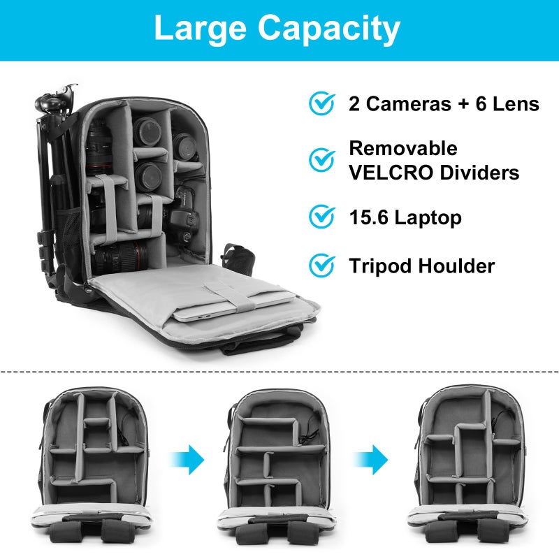 CADeN Camera Backpack Bag for DSLR/SLR Mirrorless Camera Waterproof with 15.6 inch Laptop Compartment, USB Charging Port, Tripod Holder, Rain Cover, Camera Case Compatible for Sony Canon Nikon Black L - Image 3