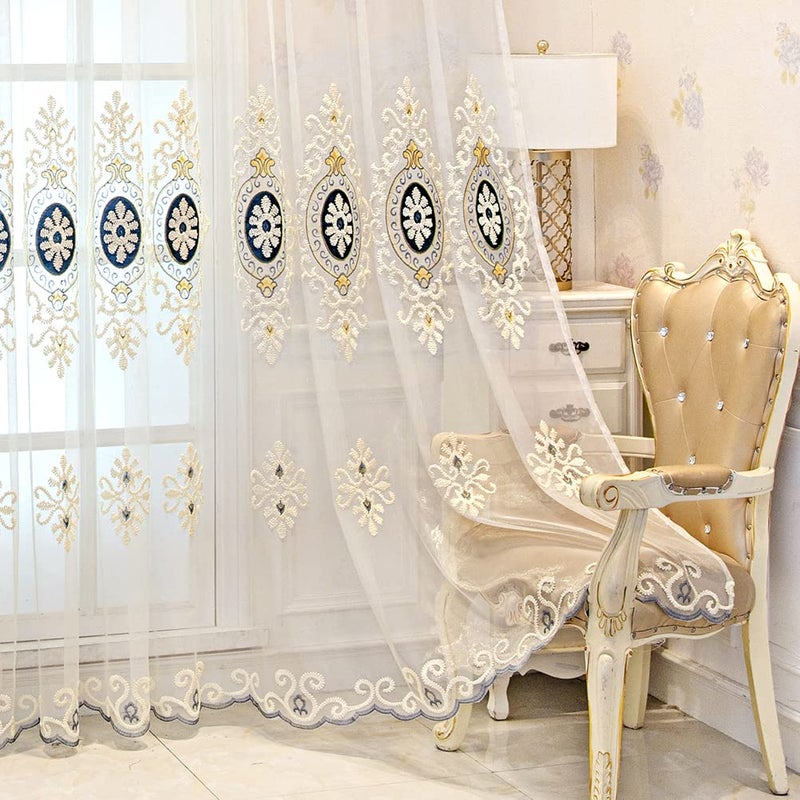ELKCA Beige Embroidered Sheer with Blue Pattern European Style Curtains for Bedroom Transparent Tulle for Living RoomGrommet Top52 W x 96 L2 Panels