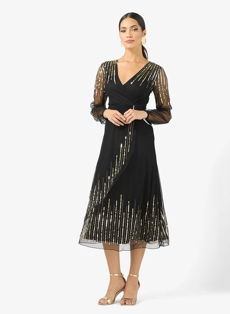 V-Neck Mesh Midi Dress