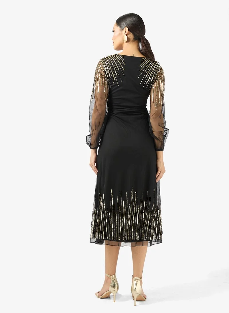 Amelia Rose V-Neck Mesh Midi Dress