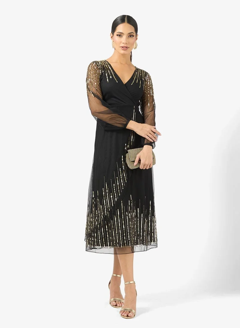 V-Neck Mesh Midi Dress