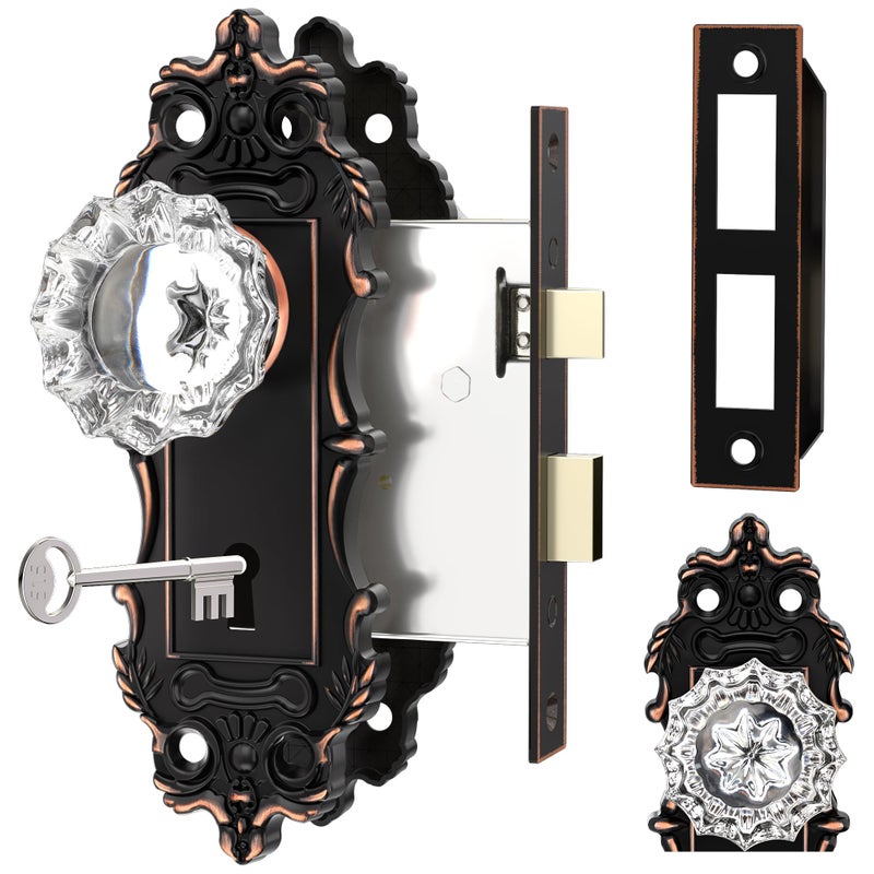 CEYMIO Antique Door Knobs Interior Mortise Lock Oil Rubbed Bronze Door Knob Crystal Glass Door Handle Vintage Skeleton Key Door Locks for Bedrooms Bathroom - Image 2