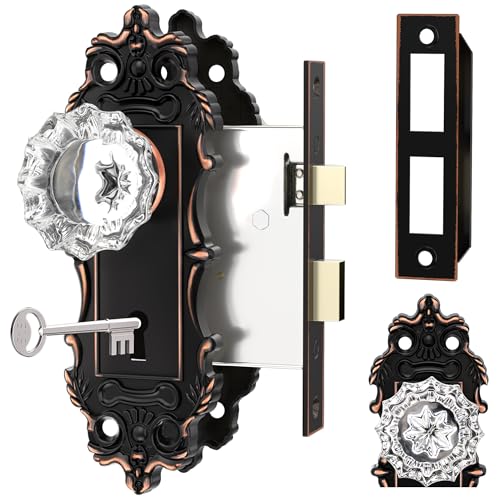 CEYMIO Antique Door Knobs Interior Mortise Lock Oil Rubbed Bronze Door Knob Crystal Glass Door Handle Vintage Skeleton Key Door Locks for Bedrooms Bathroom - Image 1