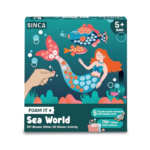 Binca Foam Sticker Mosaic Art Activity, 750+ 3D Glitter Foam Stickers, 5 Underwater Animals with Display Arch, DIY Mess-Free Activities, Felt Craft Kits & Gifts for Boys & Girls Ages 5,6,7,8 - Image 1