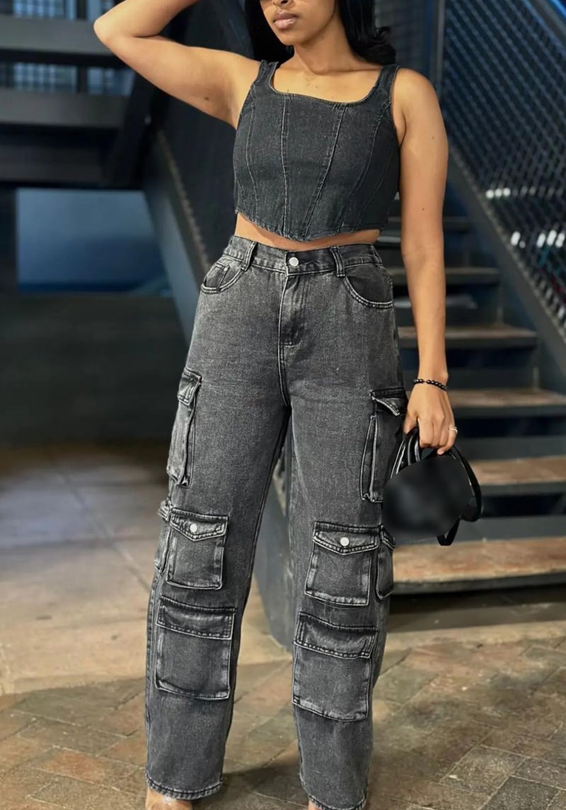 LKOUS Women's Y2K Baggy Straight Wide Leg Cargo Jeans, Streetwear High Waisted Denim Pant Grey - Image 4