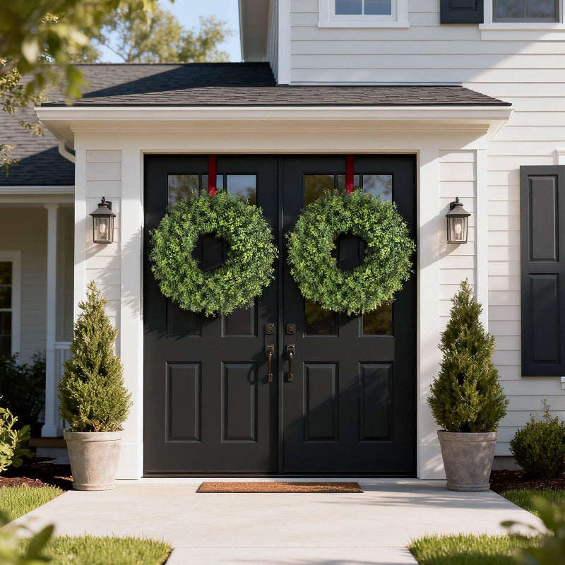 YXZZWL 26" Artificial Boxwood Wreath for Front Door - Faux Small Leaf Boxwood Plant, Spring Summer Stay Fresh Greenery Wreath for Door Wall Window Party Farmhouse Outdoor Decor - Image 3