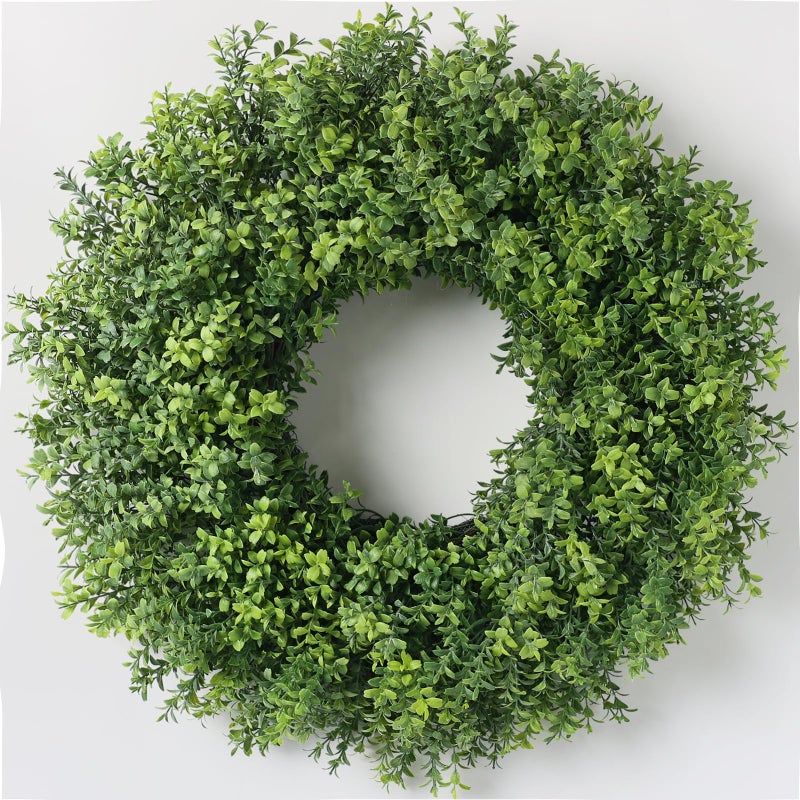 YXZZWL 26" Artificial Boxwood Wreath for Front Door - Faux Small Leaf Boxwood Plant, Spring Summer Stay Fresh Greenery Wreath for Door Wall Window Party Farmhouse Outdoor Decor - Image 1