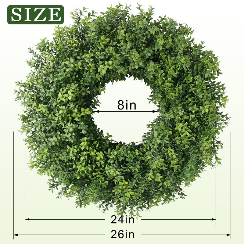 YXZZWL 26" Artificial Boxwood Wreath for Front Door - Faux Small Leaf Boxwood Plant, Spring Summer Stay Fresh Greenery Wreath for Door Wall Window Party Farmhouse Outdoor Decor - Image 5