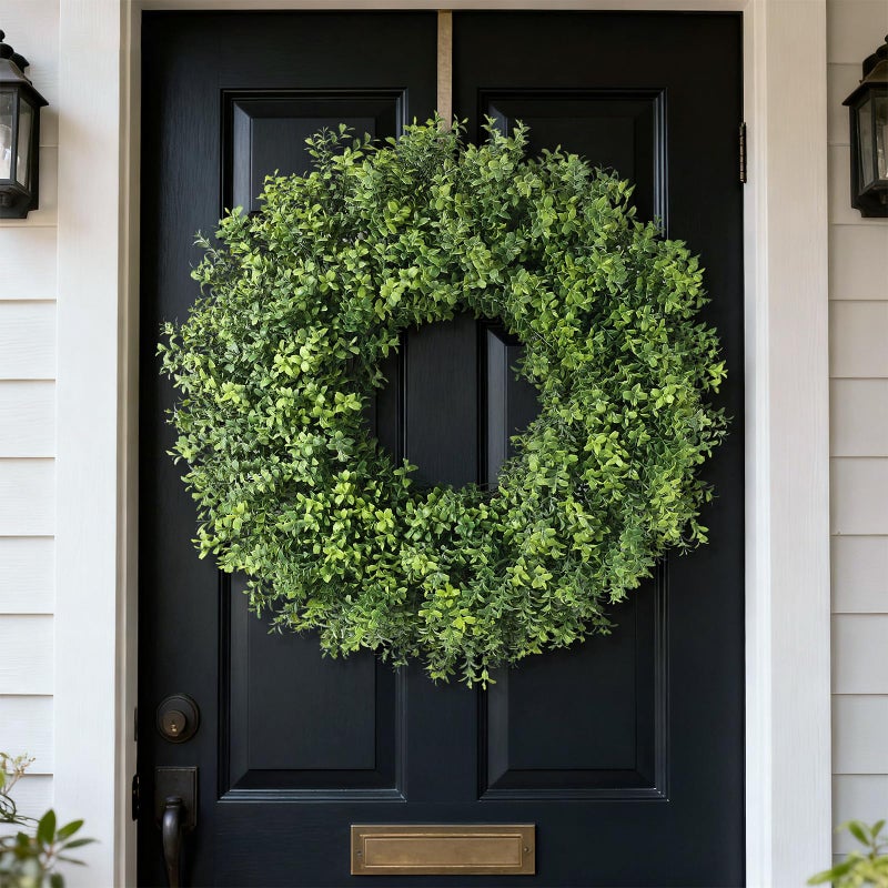 YXZZWL 26" Artificial Boxwood Wreath for Front Door - Faux Small Leaf Boxwood Plant, Spring Summer Stay Fresh Greenery Wreath for Door Wall Window Party Farmhouse Outdoor Decor - Image 2