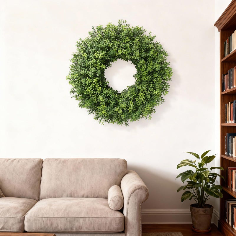 YXZZWL 26" Artificial Boxwood Wreath for Front Door - Faux Small Leaf Boxwood Plant, Spring Summer Stay Fresh Greenery Wreath for Door Wall Window Party Farmhouse Outdoor Decor - Image 4