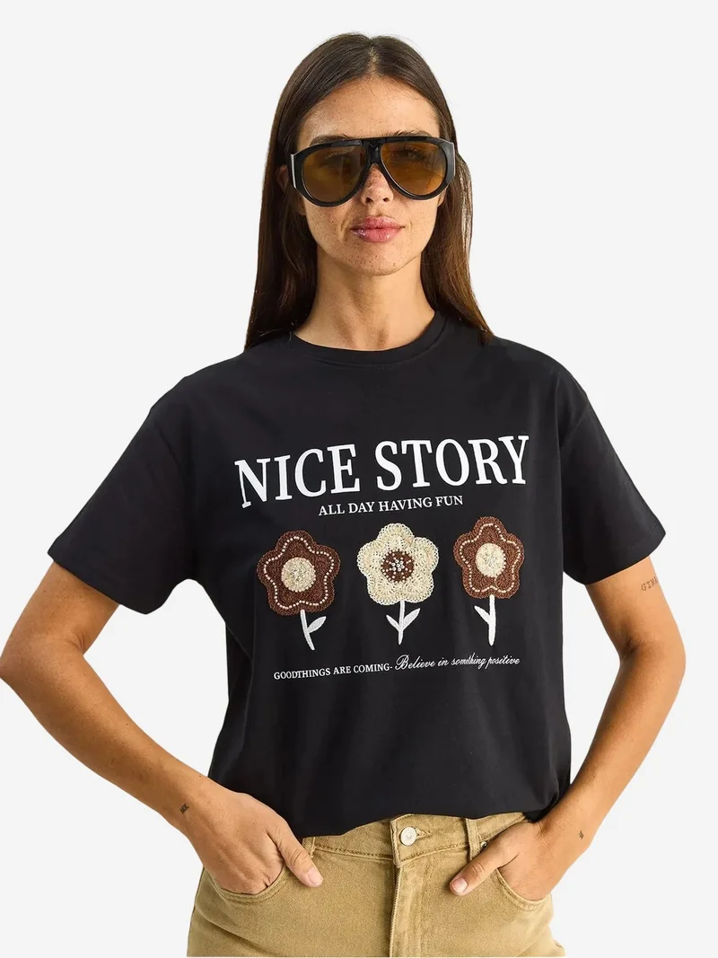 بيانكو لوتشي LUCCI Embroidered Text Print Relaxed Fit T-Shirt