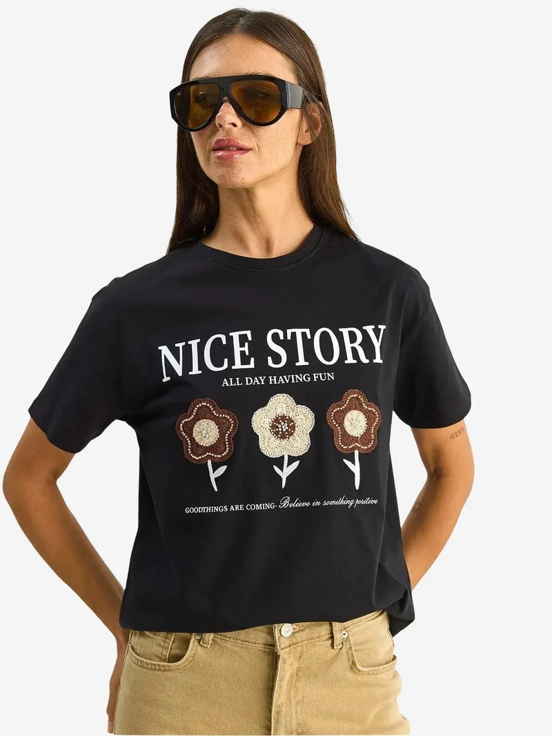 بيانكو لوتشي LUCCI Embroidered Text Print Relaxed Fit T-Shirt