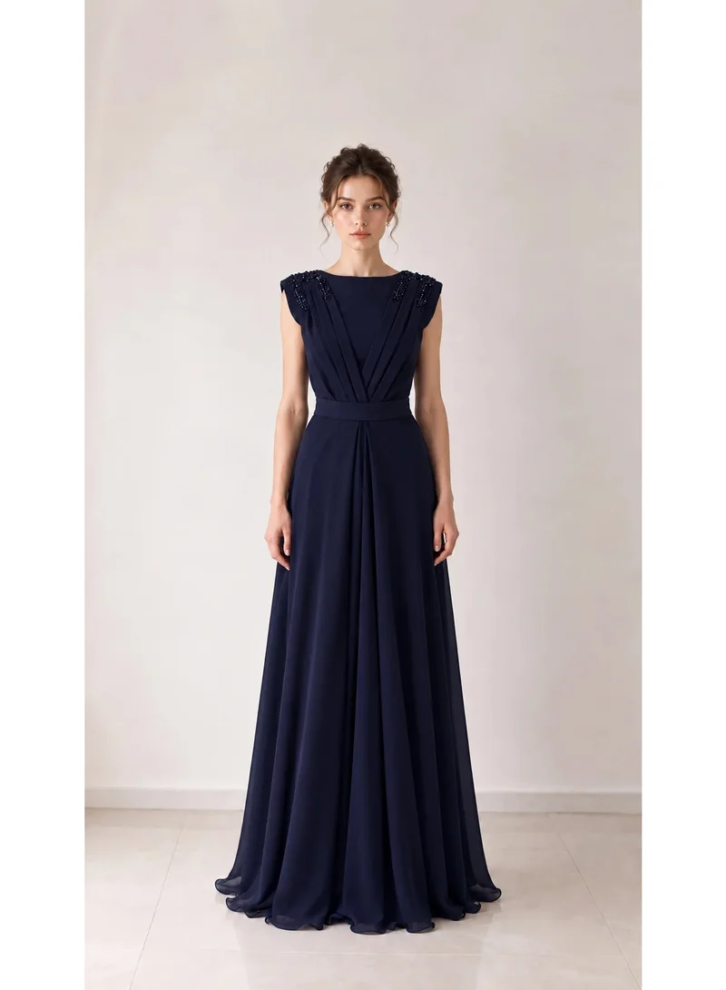 2Trendy Women's Navy Maxi Dress with Round Neckline, Shoulder Beading and Back Bow