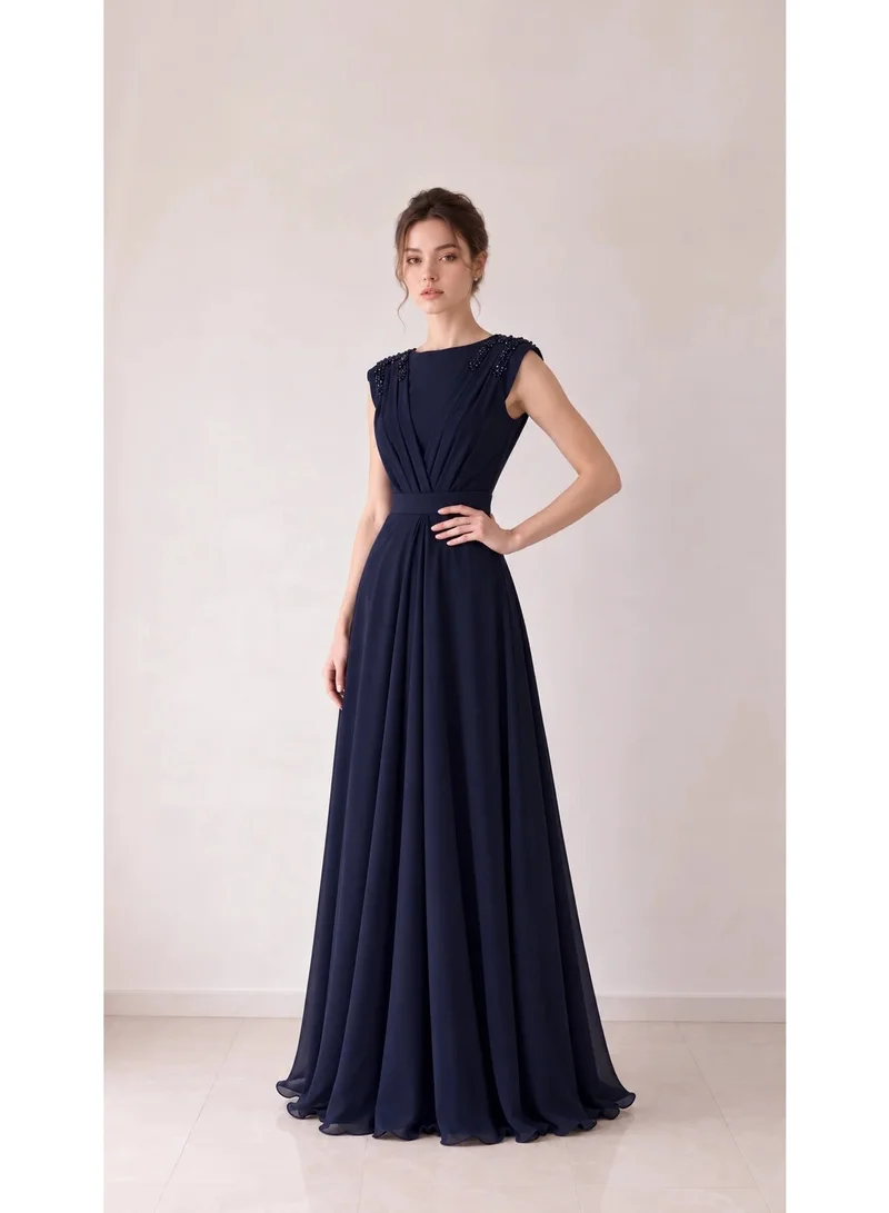 2Trendy Women's Navy Maxi Dress with Round Neckline, Shoulder Beading and Back Bow