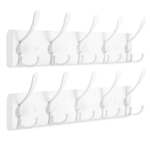 Kuhome 2pcs Coat Rack Wall Mount Coat Hooks Wooden Hat Rack for Wall Hooks Pine Real Wood Plank 16.9" White Coat Hanger with 5 White Triple Hooks for Hanging Coat Hat Jacket - Image 1
