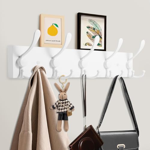 Kuhome 2pcs Coat Rack Wall Mount Coat Hooks Wooden Hat Rack for Wall Hooks Pine Real Wood Plank 16.9" White Coat Hanger with 5 White Triple Hooks for Hanging Coat Hat Jacket - Image 4