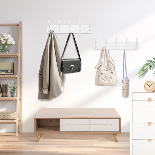 Kuhome 2pcs Coat Rack Wall Mount Coat Hooks Wooden Hat Rack for Wall Hooks Pine Real Wood Plank 16.9" White Coat Hanger with 5 White Triple Hooks for Hanging Coat Hat Jacket - Image 5