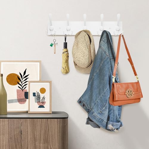 Kuhome 2pcs Coat Rack Wall Mount Coat Hooks Wooden Hat Rack for Wall Hooks Pine Real Wood Plank 16.9" White Coat Hanger with 5 White Triple Hooks for Hanging Coat Hat Jacket - Image 3
