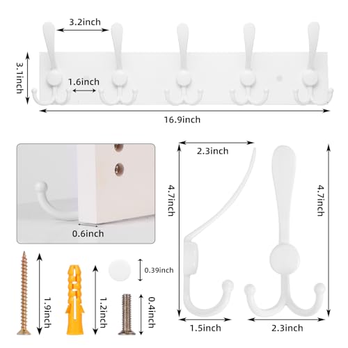 Kuhome 2pcs Coat Rack Wall Mount Coat Hooks Wooden Hat Rack for Wall Hooks Pine Real Wood Plank 16.9" White Coat Hanger with 5 White Triple Hooks for Hanging Coat Hat Jacket - Image 2