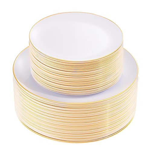 KIRE 100PCS Disposable Plates  White with Gold Rim for PartyWeddingGraduation  Includes 50Pieces 1025inch Dinner and 50Pieces 75inch DessertSalad Plates