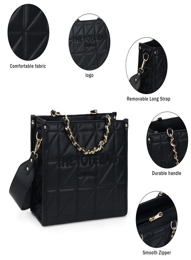 Chinllo Tote Bag for Women Quilted Chains Satchel Purse and Handbags with Shoulder Strap (E.Black-M) - Image 4