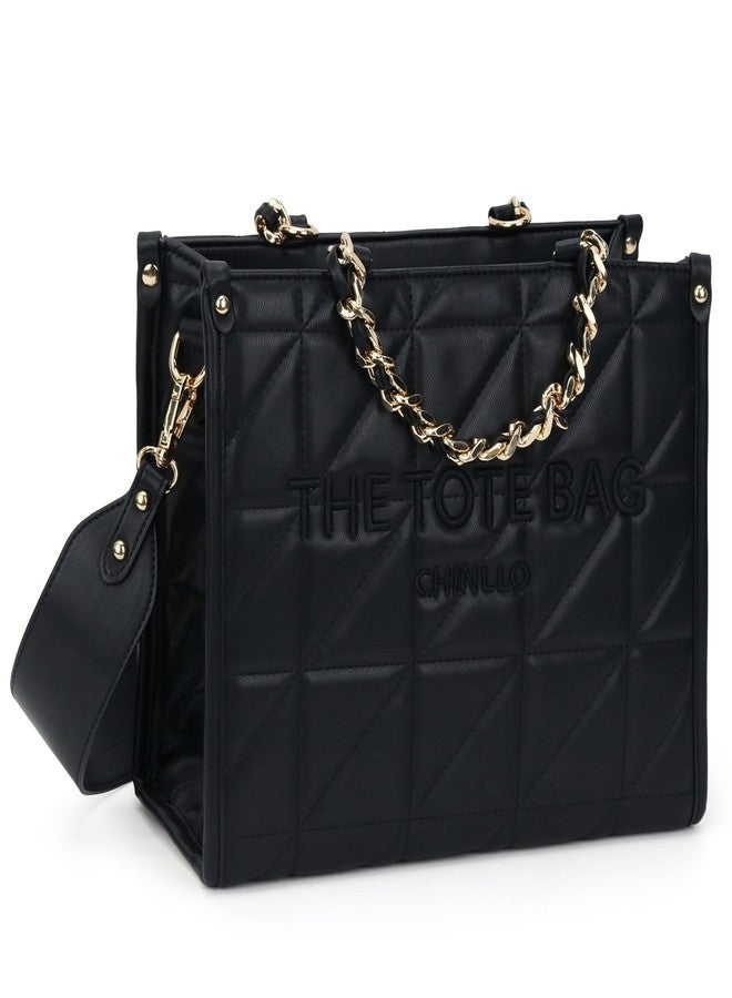 Chinllo Tote Bag for Women Quilted Chains Satchel Purse and Handbags with Shoulder Strap (E.Black-M) - Image 1