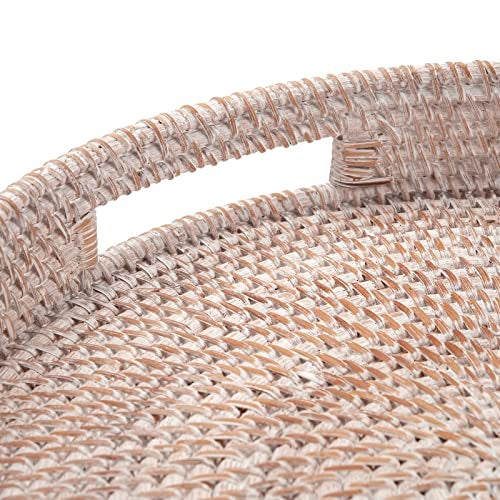 DECRAFTS Coffee Table Tray Round Rattan Ottoman Tray Woven Serving Trays with Handles for Home and Kitchen Decorative White (Large 14 inch x 2.8 inch) - Image 3
