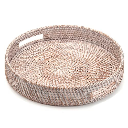 DECRAFTS Coffee Table Tray Round Rattan Ottoman Tray Woven Serving Trays with Handles for Home and Kitchen Decorative White (Large 14 inch x 2.8 inch) - Image 2