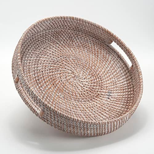 DECRAFTS Coffee Table Tray Round Rattan Ottoman Tray Woven Serving Trays with Handles for Home and Kitchen Decorative White (Large 14 inch x 2.8 inch) - Image 1