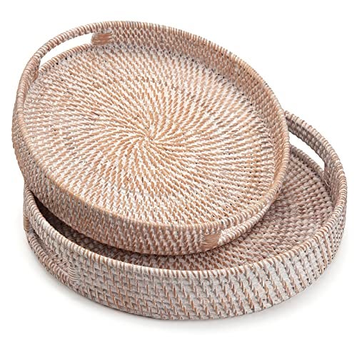 DECRAFTS Coffee Table Tray Round Rattan Ottoman Tray Woven Serving Trays with Handles for Home and Kitchen Decorative White (Large 14 inch x 2.8 inch) - Image 5