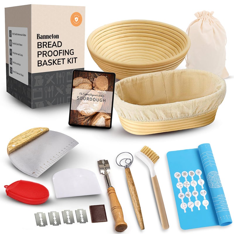 Trailblaze Banneton Bread Proofing Basket Set â€“ Complete Sourdough Bread Baking Supplies â€“ Sourdough Starter Kit â€“ Sourdough Proofing Basket Gift for Bakers - Bread Baskets (9" Round & 10" Oval) - Image 1