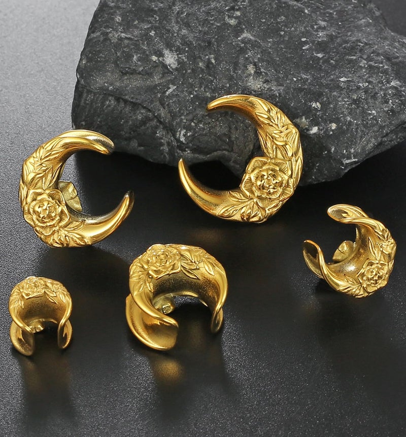 Earblity 2PCS Crescent Moon Saddle Plugs 316 Stainless Steel 00g 10mm Gold Ear Gauges Hypoallergenic ear gauges expander Piercing Body Jewelry - Image 4