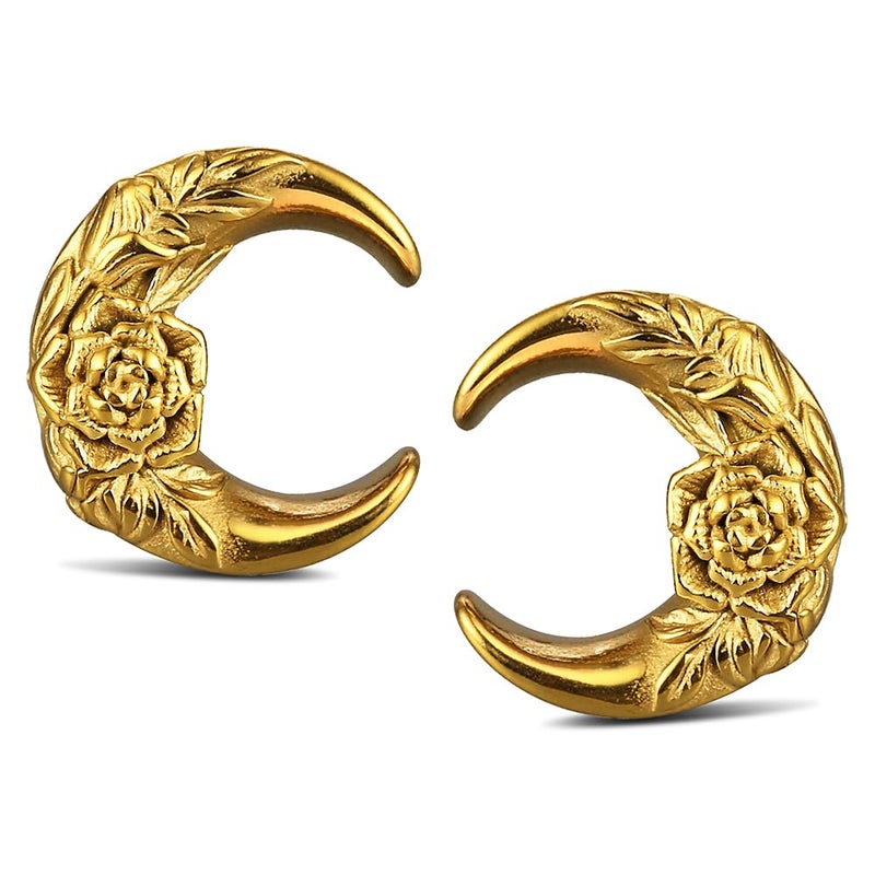 Earblity 2PCS Crescent Moon Saddle Plugs 316 Stainless Steel 00g 10mm Gold Ear Gauges Hypoallergenic ear gauges expander Piercing Body Jewelry - Image 1
