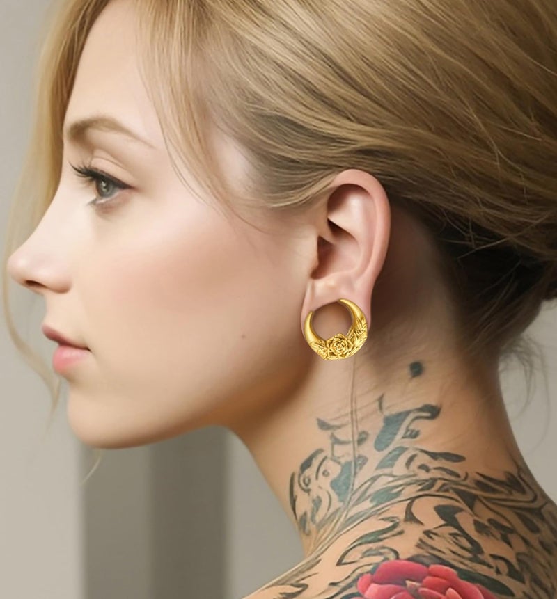 Earblity 2PCS Crescent Moon Saddle Plugs 316 Stainless Steel 00g 10mm Gold Ear Gauges Hypoallergenic ear gauges expander Piercing Body Jewelry - Image 2