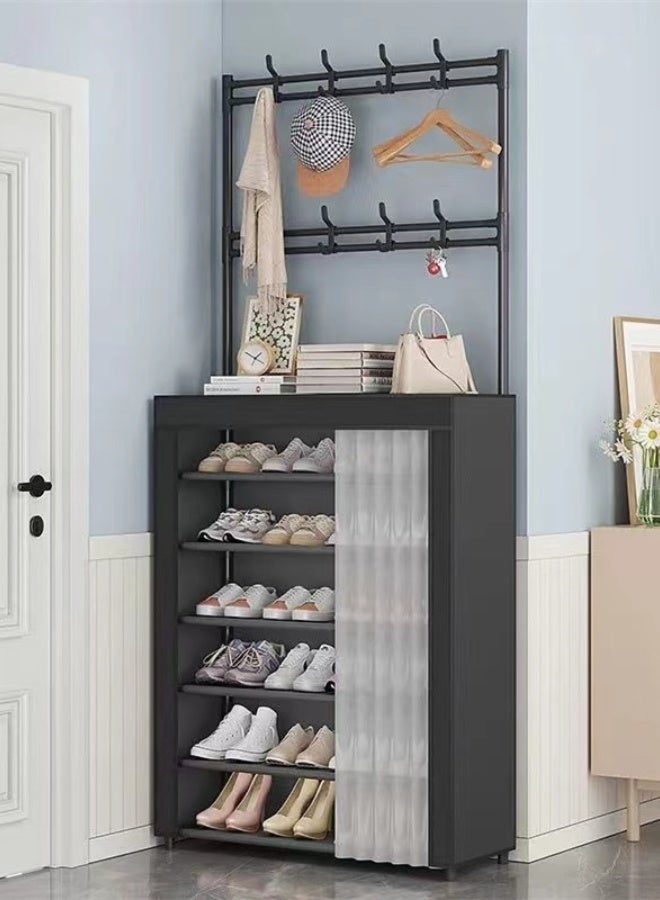 Kutis 6-Tier Shoe Racks Storage Coat And Shoe Rack Coat Rack With Shoe Storage Organizer Shoe Shelf With 8 Hooks For Bedroom Hallway Office 80x26x184 cm - Image 1
