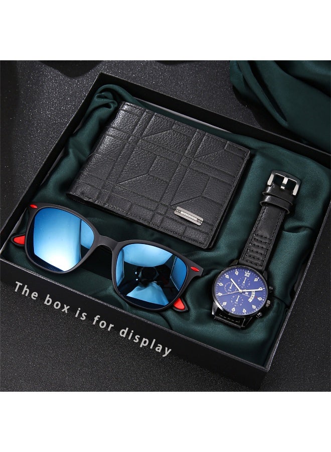 3-piece men's business style blue surface watch set, paired with a high-quality wallet and sunglasses, is the perfect holiday birthday gift for him