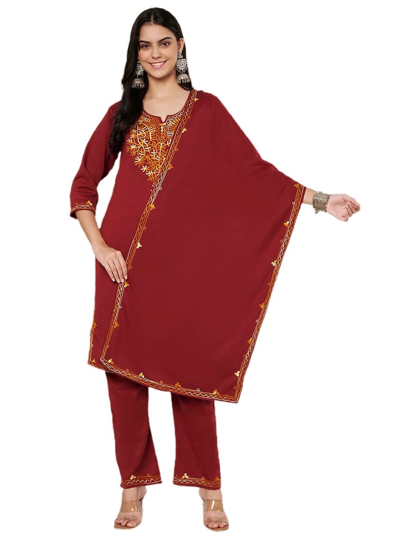 TREND LEVEL Kashmiri Embroidered Winter Suit Set for Women Woolen Warm Kurta Set Winter Wear Kurti with Pant and Dupatta With Side Pockets (Aari Kurta Set) (IN, Alpha, L, Maroon & Mustard) - Image 1