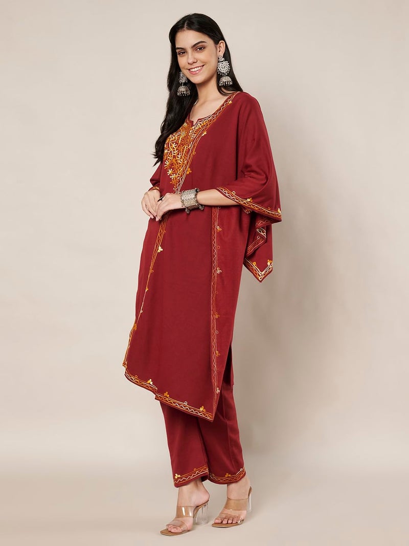 TREND LEVEL Kashmiri Embroidered Winter Suit Set for Women Woolen Warm Kurta Set Winter Wear Kurti with Pant and Dupatta With Side Pockets (Aari Kurta Set) (IN, Alpha, L, Maroon & Mustard) - Image 5