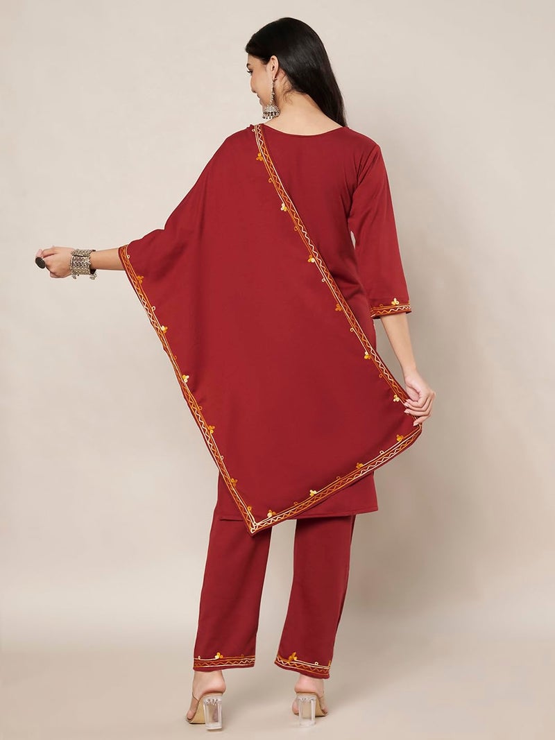 TREND LEVEL Kashmiri Embroidered Winter Suit Set for Women Woolen Warm Kurta Set Winter Wear Kurti with Pant and Dupatta With Side Pockets (Aari Kurta Set) (IN, Alpha, L, Maroon & Mustard) - Image 3