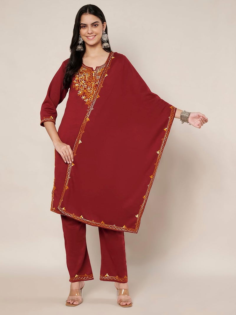 TREND LEVEL Kashmiri Embroidered Winter Suit Set for Women Woolen Warm Kurta Set Winter Wear Kurti with Pant and Dupatta With Side Pockets (Aari Kurta Set) (IN, Alpha, L, Maroon & Mustard) - Image 2
