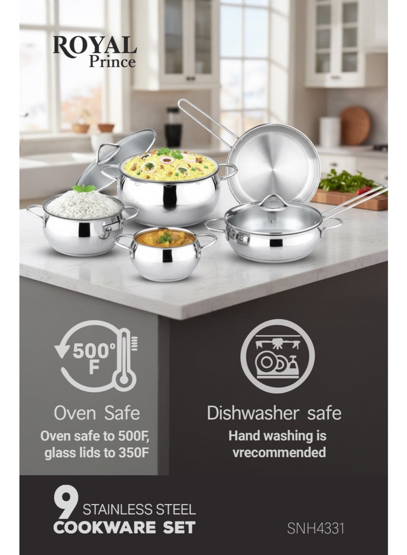 Royal Prince 9-Piece Stainless Steel Cookware Set – 18/10 Premium Steel, Induction & Oven Safe, Thick Bottom with Stay-Cool Handles, Dishwasher Safe – SNH4331 - Image 3