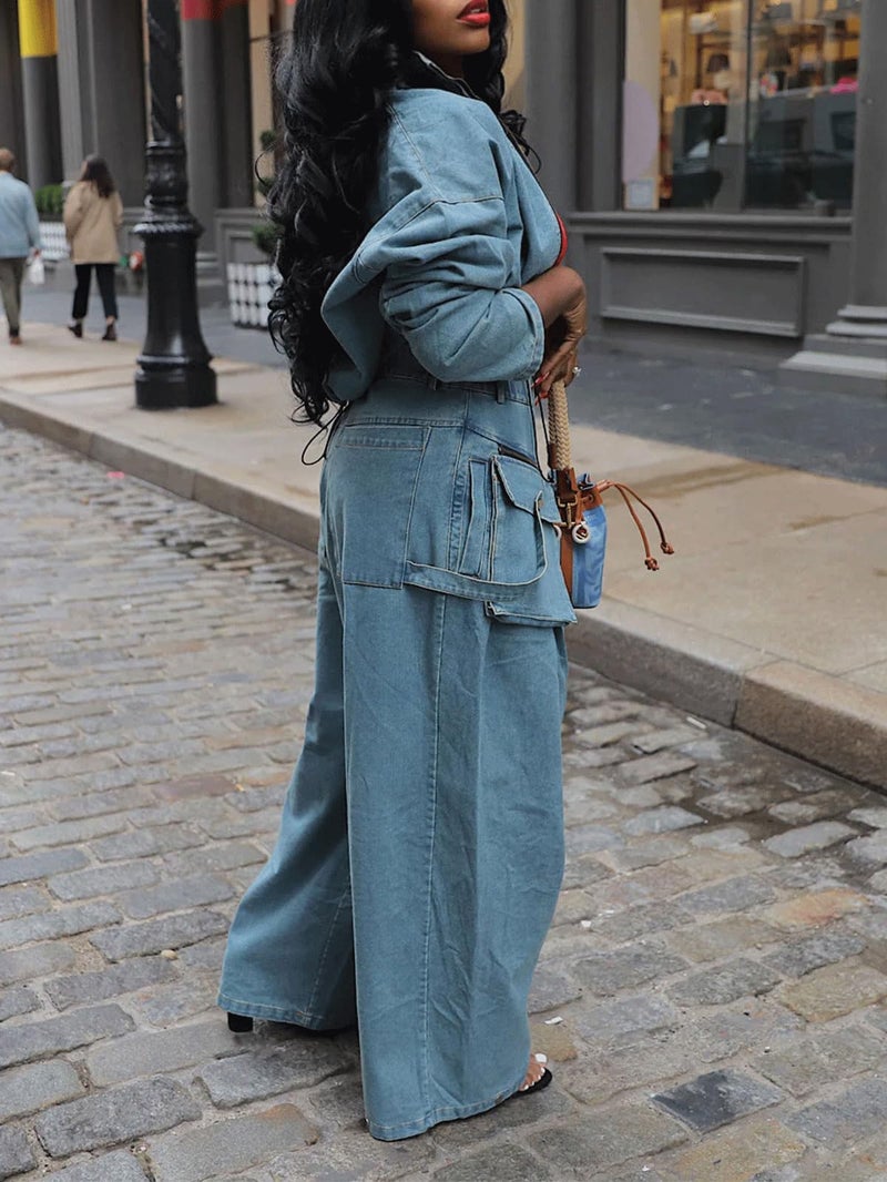 KANSOON Denim Outfits for Women 2 Piece Sets Jean Loose Casual Drawstring Zipper Crop Pullover Wide Leg Pant Sweat Suits Blue L - Image 3
