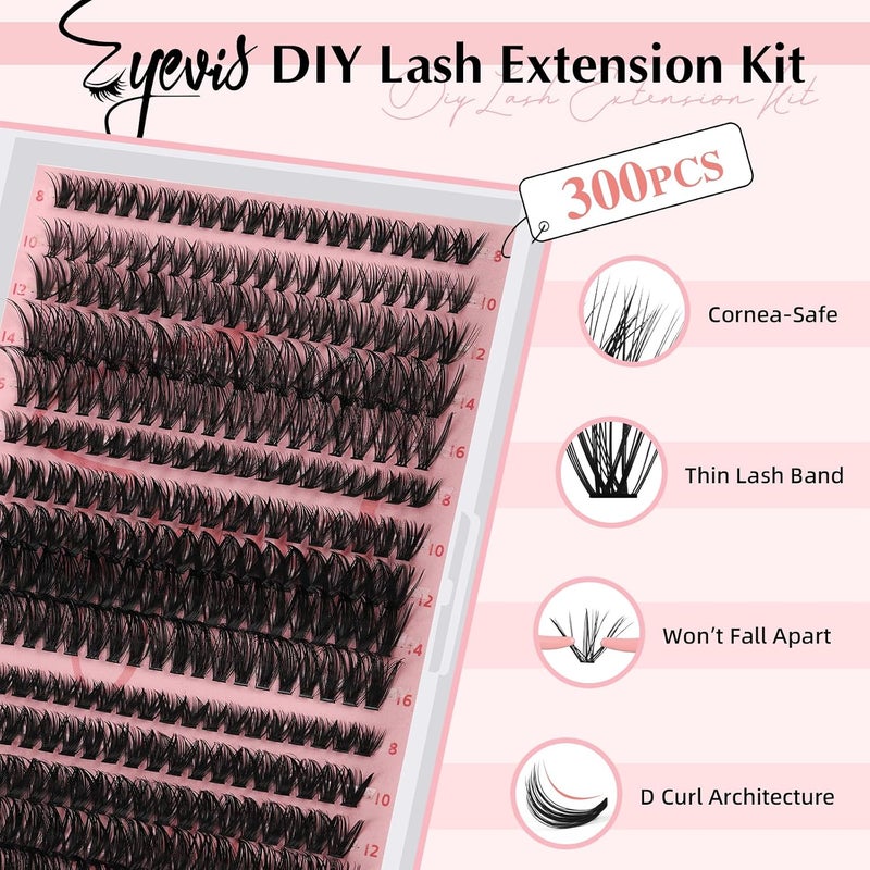 EYEVIS Lash Extension Kit 300PCS Lash Clusters Kit D Curl Eyelash Cluster 8-16mm 30D 40D 50D Individual Lashes Kit with Lash Bond and Seal Lash Tweezers（30D+40D+50D-D Kit, 8-16MIX） - Image 2