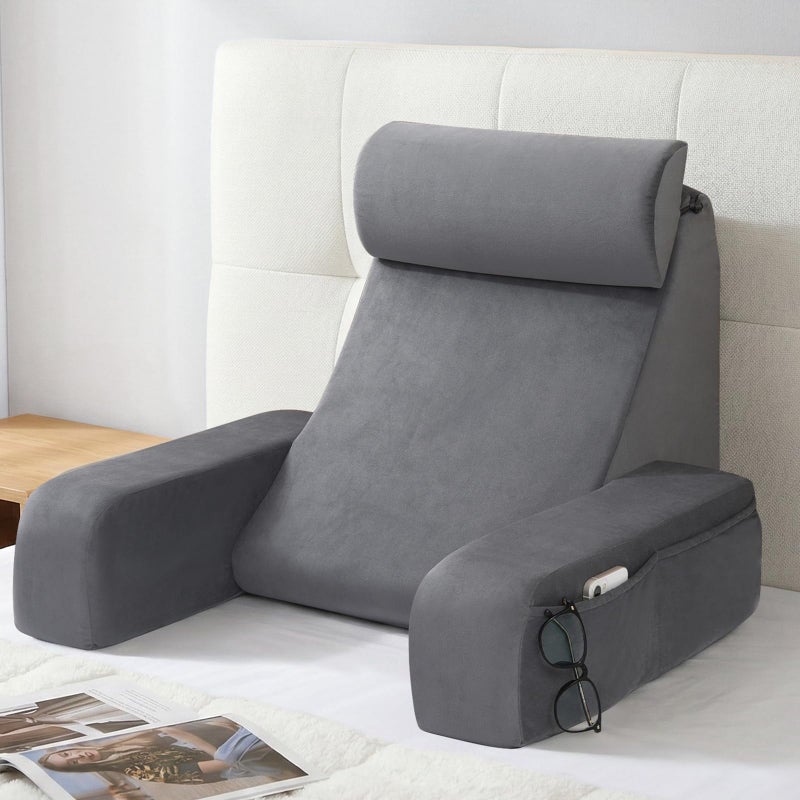ENITYA 19" Back Support Pillow,Reading Pillow with Attached Arms & Large Pockets, Removable Washable Cover, Wedge for Sitting,Reclining,Watching TV,Post Surgery in Bed,Couch or Floor,Medium Firm,Grey - Image 1