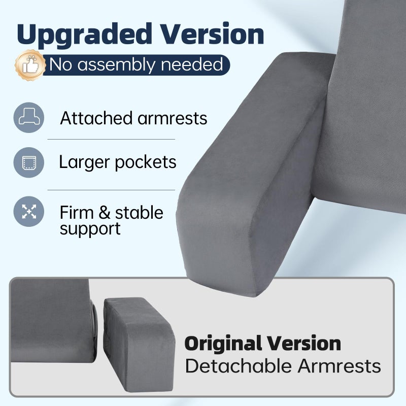 ENITYA 19" Back Support Pillow,Reading Pillow with Attached Arms & Large Pockets, Removable Washable Cover, Wedge for Sitting,Reclining,Watching TV,Post Surgery in Bed,Couch or Floor,Medium Firm,Grey - Image 3