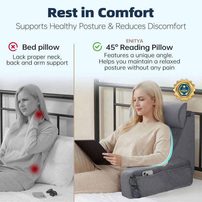 ENITYA 19" Back Support Pillow,Reading Pillow with Attached Arms & Large Pockets, Removable Washable Cover, Wedge for Sitting,Reclining,Watching TV,Post Surgery in Bed,Couch or Floor,Medium Firm,Grey - Image 2